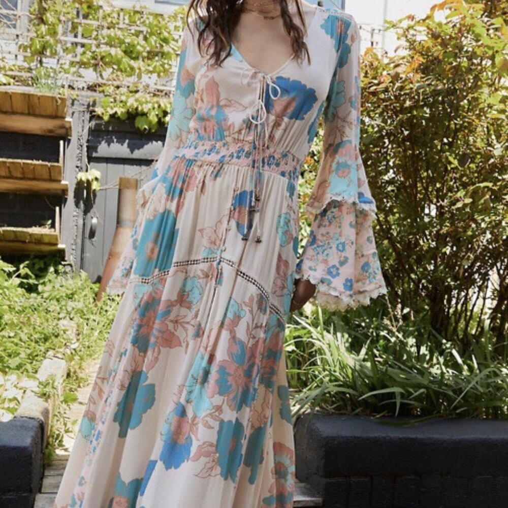 Free People Penny Printed Maxi Bell Sleeve Boho Dress Size Small